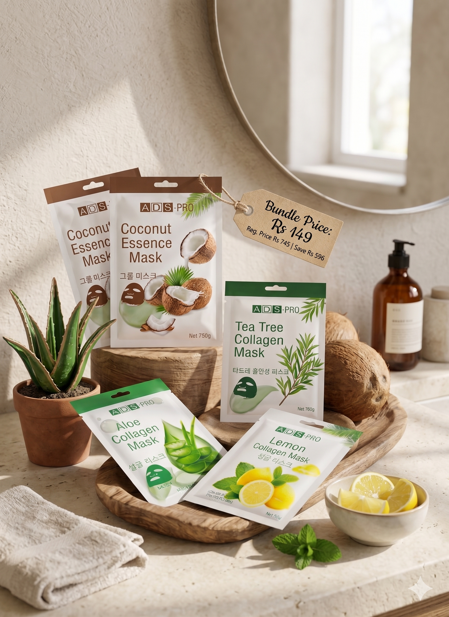 5X Hydrating Sheet Mask Combo | Coconut, Aloe, Tea Tree & Lemon Collagen Masks | Deep Moisturizing, Brightening & Skin Repair | Korean Skincare Inspired | All Skin Types