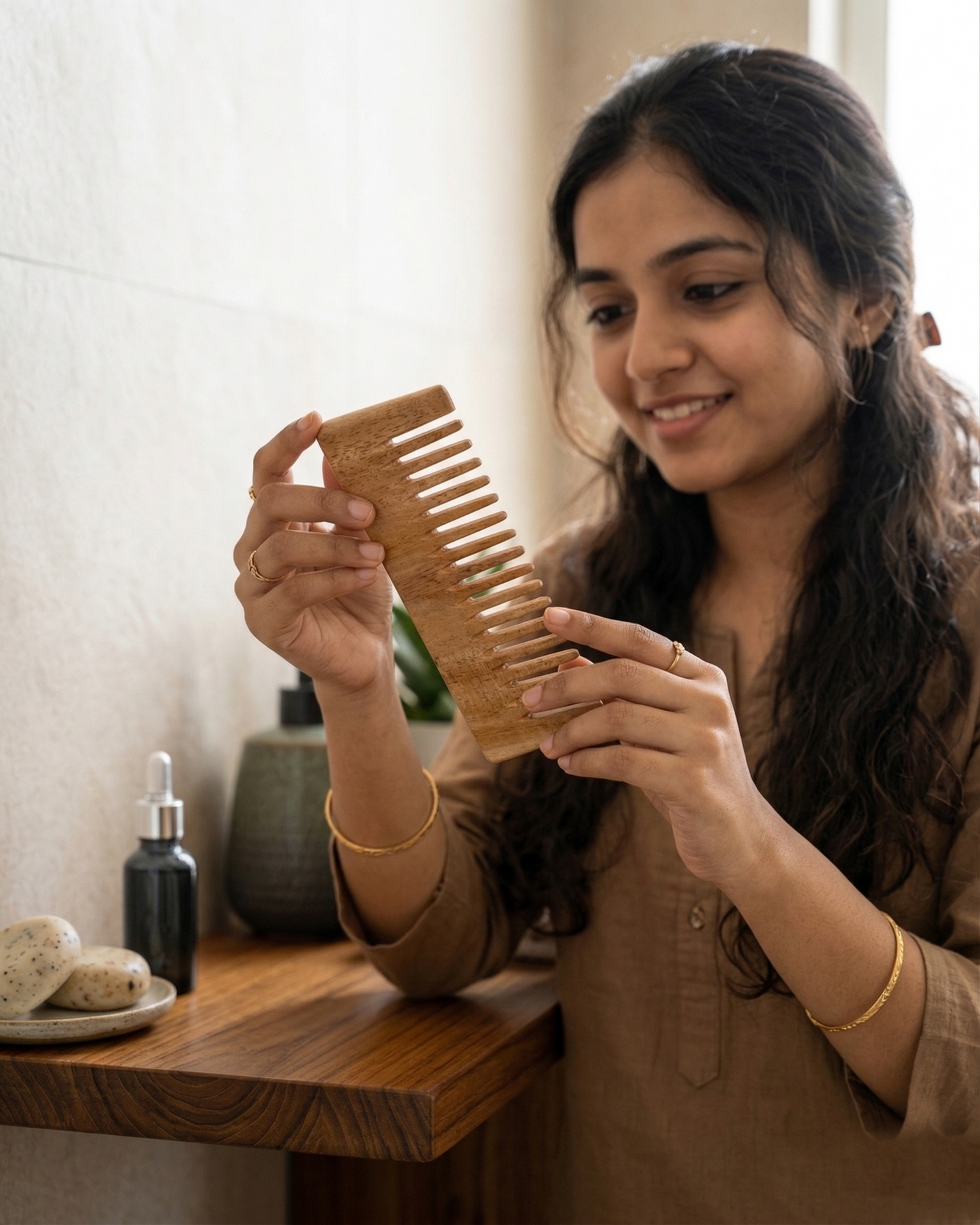 Pure Neem Wood Comb for Hair Growth & Dandruff Control | Anti-Static, Wide Tooth Wooden Comb | Reduces Hair Fall, Frizz-Free Detangling | Scalp Massage & Natural Oil Distribution