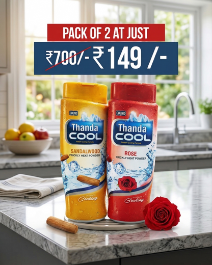 Thanda Cool Prickly Heat Powder Combo Pack (Sandalwood & Rose) | Instant Cooling Formula | Long-Lasting Freshness | Sweat & Heat Relief | Summer Body Care | Pack of 2 (₹149 Offer)