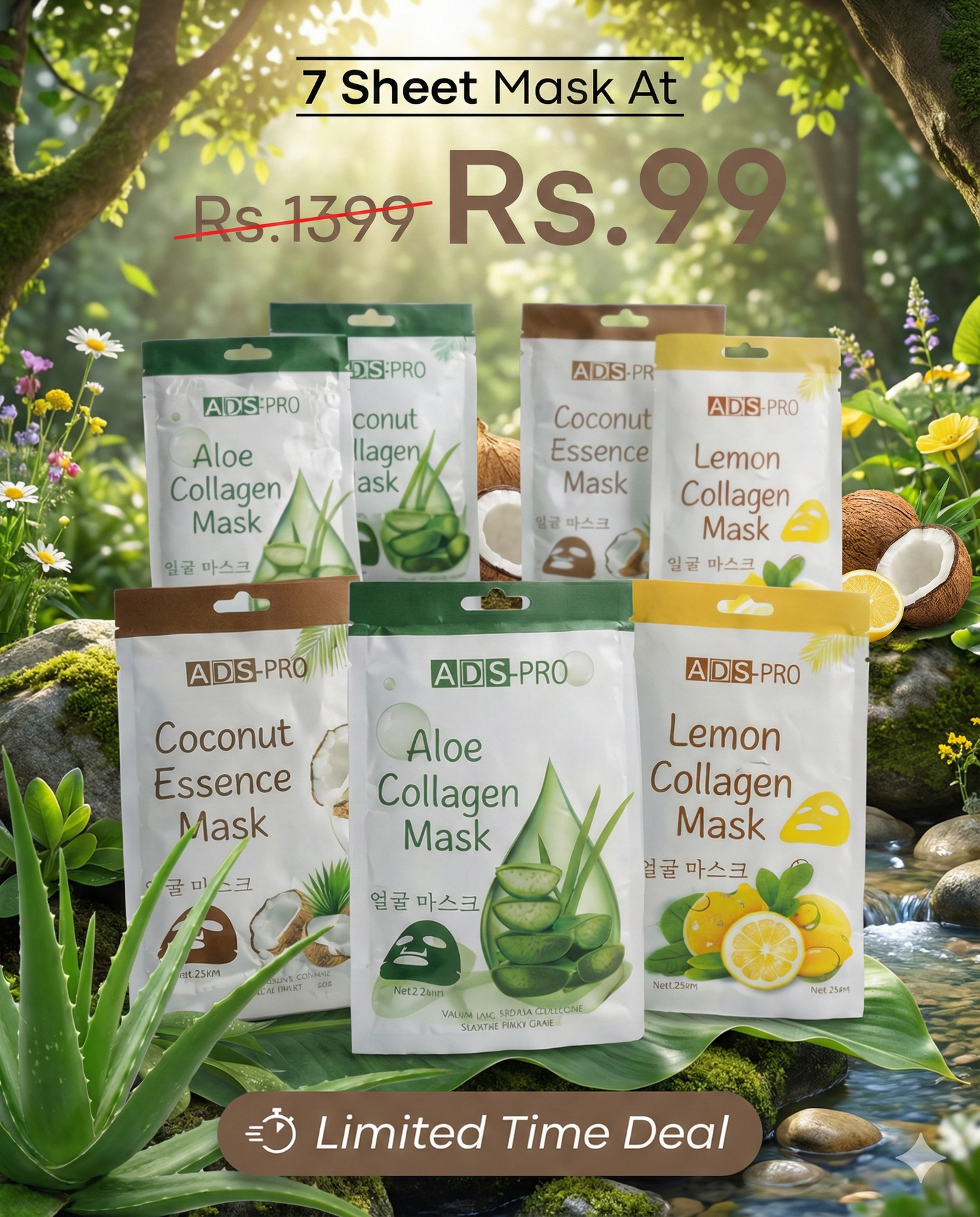 ADS Pro 7 Sheet Mask Combo | Aloe Collagen, Coconut Essence & Lemon Collagen Masks | Deep Hydration, Glow & Skin Repair | Suitable for All Skin Types