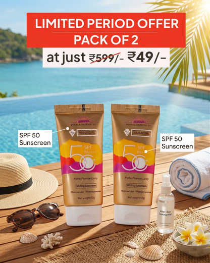 Yanagirl SPF 50 PA++++ Sunscreen | Double Defense UV Protection | Lightweight Whitening Sunscreen | Moisturizing, Non-Greasy Formula | Suitable for All Skin Types | Pack of 2 (50g Each)