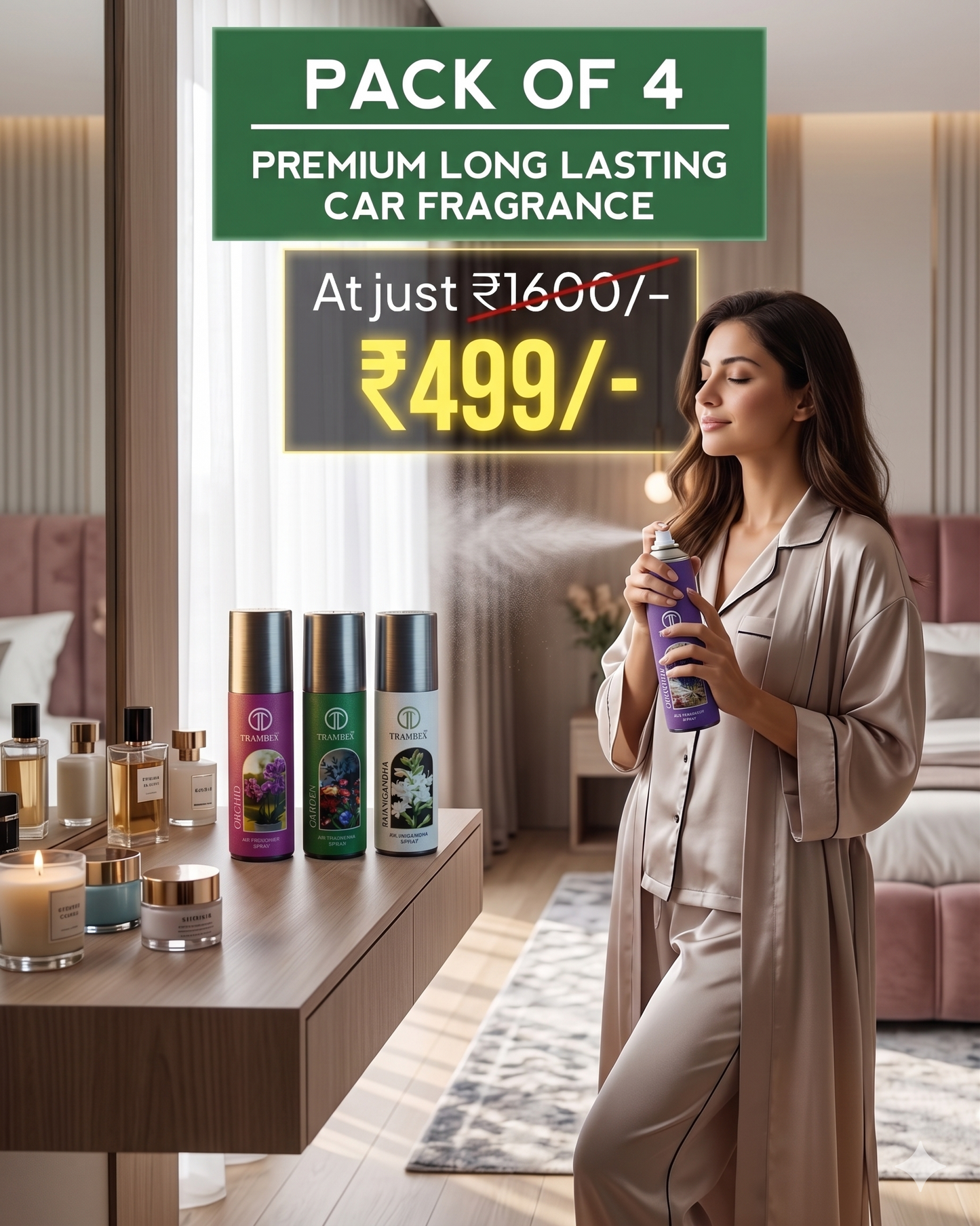 Trambex Premium Long-Lasting 3 in 1 Car, Office, Home Fragrance Spray – Pack of 4