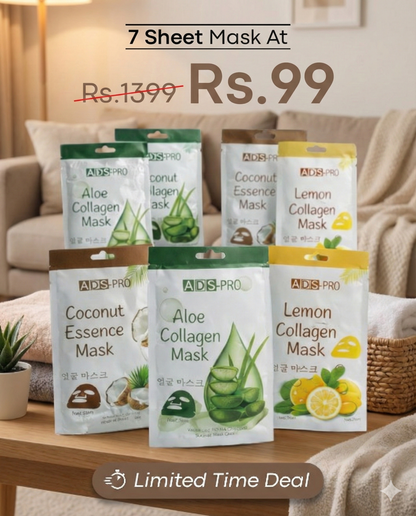 ADS Pro 7 Sheet Mask Combo | Aloe Collagen, Coconut Essence & Lemon Collagen Masks | Deep Hydration, Glow & Skin Repair | Suitable for All Skin Types