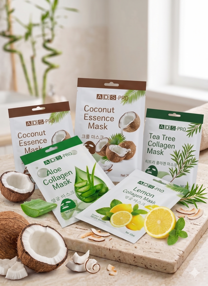 5X Hydrating Sheet Mask Combo | Coconut, Aloe, Tea Tree & Lemon Collagen Masks | Deep Moisturizing, Brightening & Skin Repair | Korean Skincare Inspired | All Skin Types