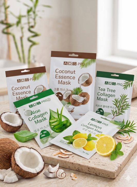 5X Hydrating Sheet Mask Combo | Coconut, Aloe, Tea Tree & Lemon Collagen Masks | Deep Moisturizing, Brightening & Skin Repair | Korean Skincare Inspired | All Skin Types