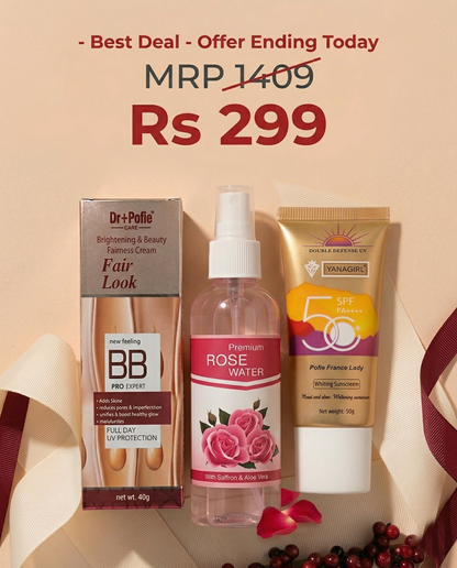 Glow Essentials Combo – BB Cream + Rose Water + SPF 50 Sunscreen