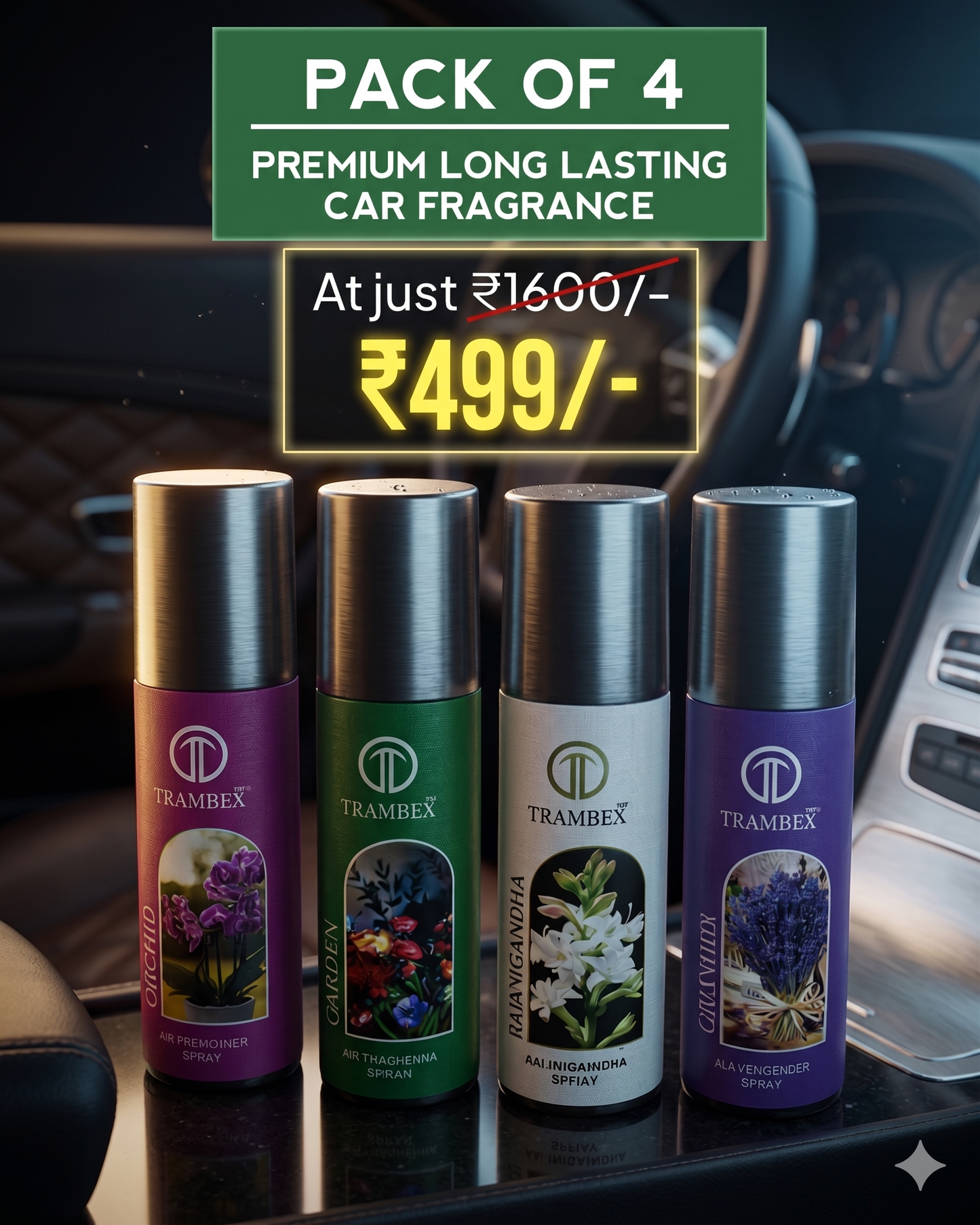 Trambex Premium Long-Lasting 3 in 1 Car, Office, Home Fragrance Spray – Pack of 4