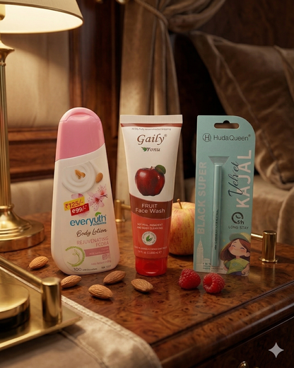Luxe Glow Essentials Trio  Body Lotion + Fruit Face Wash + Velvet Kajal @99