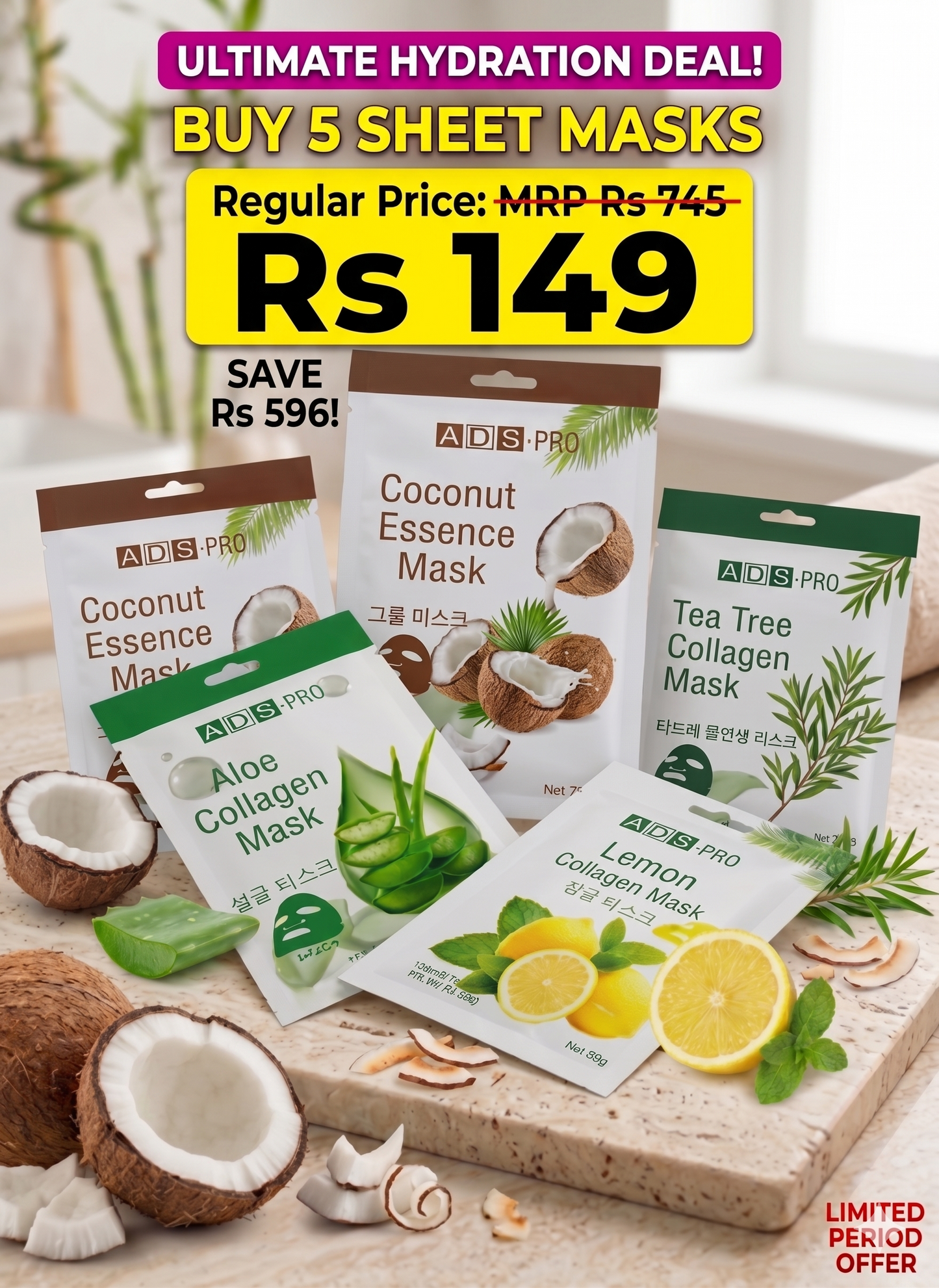 5X Hydrating Sheet Mask Combo | Coconut, Aloe, Tea Tree & Lemon Collagen Masks | Deep Moisturizing, Brightening & Skin Repair | Korean Skincare Inspired | All Skin Types