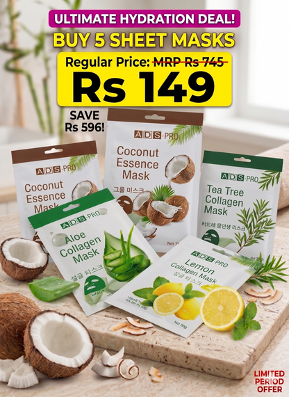 5X Hydrating Sheet Mask Combo | Coconut, Aloe, Tea Tree & Lemon Collagen Masks | Deep Moisturizing, Brightening & Skin Repair | Korean Skincare Inspired | All Skin Types