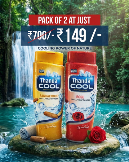 Thanda Cool Prickly Heat Powder Combo Pack (Sandalwood & Rose) | Instant Cooling Formula | Long-Lasting Freshness | Sweat & Heat Relief | Summer Body Care | Pack of 2 (₹149 Offer)