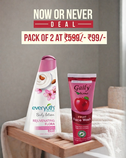 Now or Never Deal – Pack of 2 at Just ₹99 - Everyuth Rejuvenating Flora Body Lotion + Gaily Fruit Face Wash