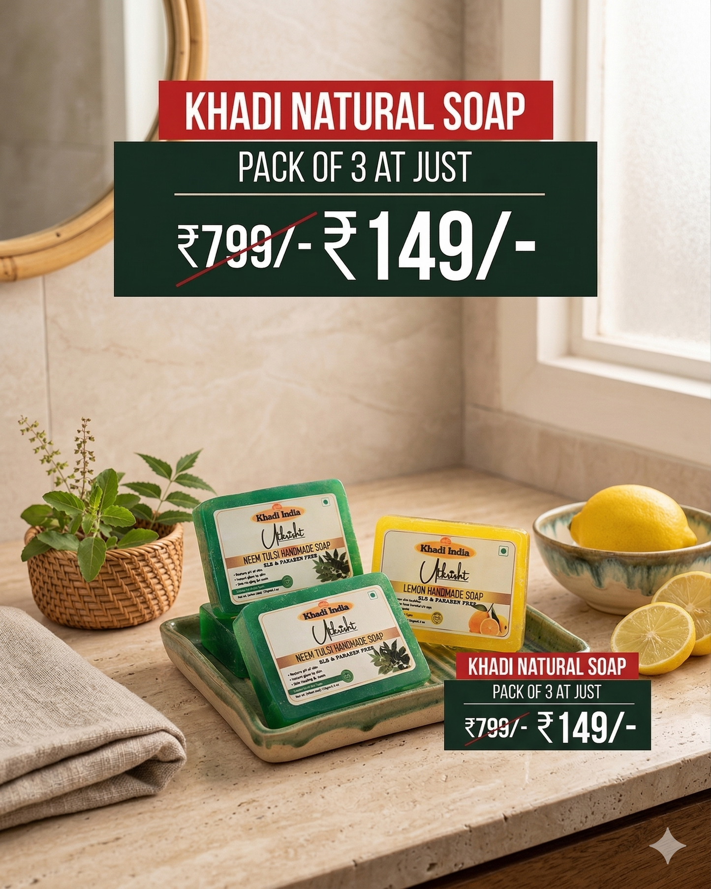 Khadi Natural Handmade Soap | Neem Tulsi & Lemon | SLS & Paraben Free | Pack of 3
