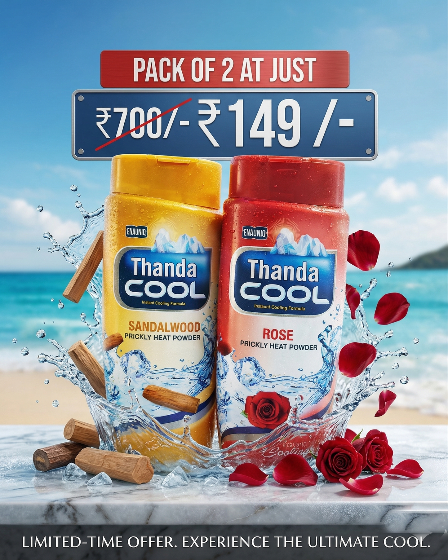 Thanda Cool Prickly Heat Powder Combo Pack (Sandalwood & Rose) | Instant Cooling Formula | Long-Lasting Freshness | Sweat & Heat Relief | Summer Body Care | Pack of 2 (₹149 Offer)