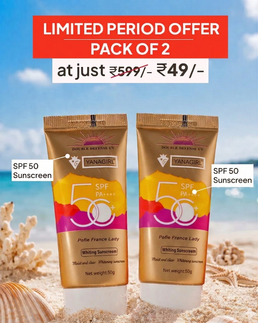 Yanagirl SPF 50 PA++++ Sunscreen | Double Defense UV Protection | Lightweight Whitening Sunscreen | Moisturizing, Non-Greasy Formula | Suitable for All Skin Types | Pack of 2 (50g Each)