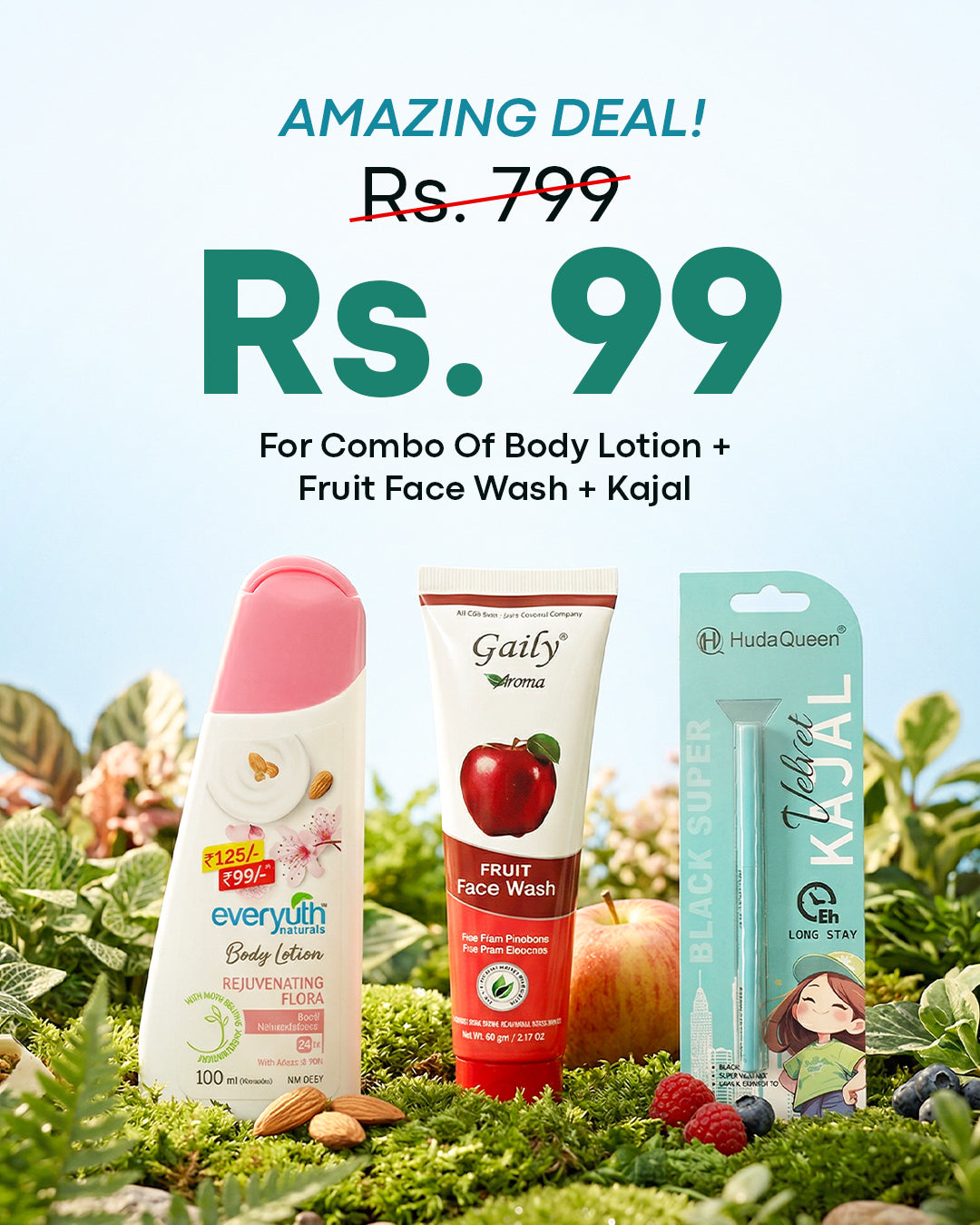 Luxe Glow Essentials Trio  Body Lotion + Fruit Face Wash + Velvet Kajal @99