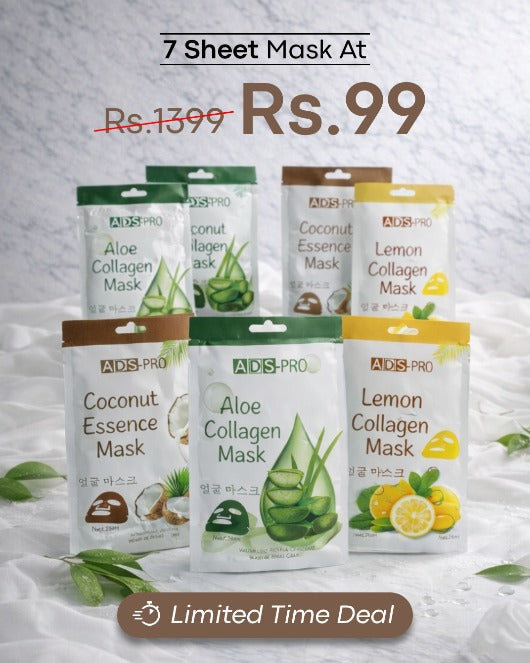ADS Pro 7 Sheet Mask Combo | Aloe Collagen, Coconut Essence & Lemon Collagen Masks | Deep Hydration, Glow & Skin Repair | Suitable for All Skin Types
