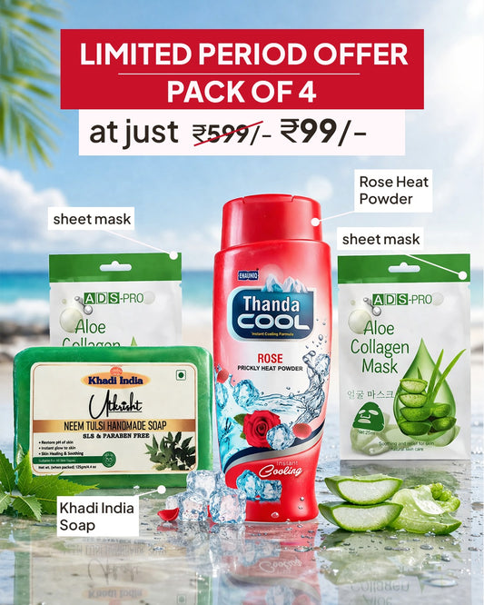 Complete Skincare Combo – Khadi Soap + Rose Powder + 2 Sheet Masks (Pack of 4) @99
