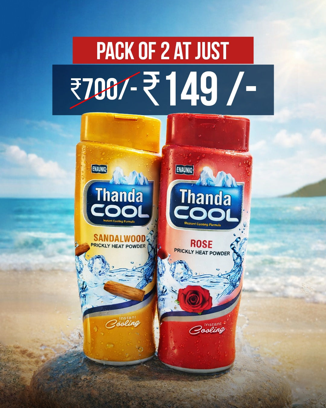 Thanda Cool Prickly Heat Powder Combo Pack (Sandalwood & Rose) | Instant Cooling Formula | Long-Lasting Freshness | Sweat & Heat Relief | Summer Body Care | Pack of 2 (₹149 Offer)