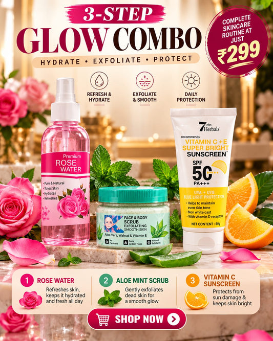 3-Step Glow Combo: Premium Rose Water + Aloe Mint Face & Body Scrub + Vitamin C & E Sunscreen
