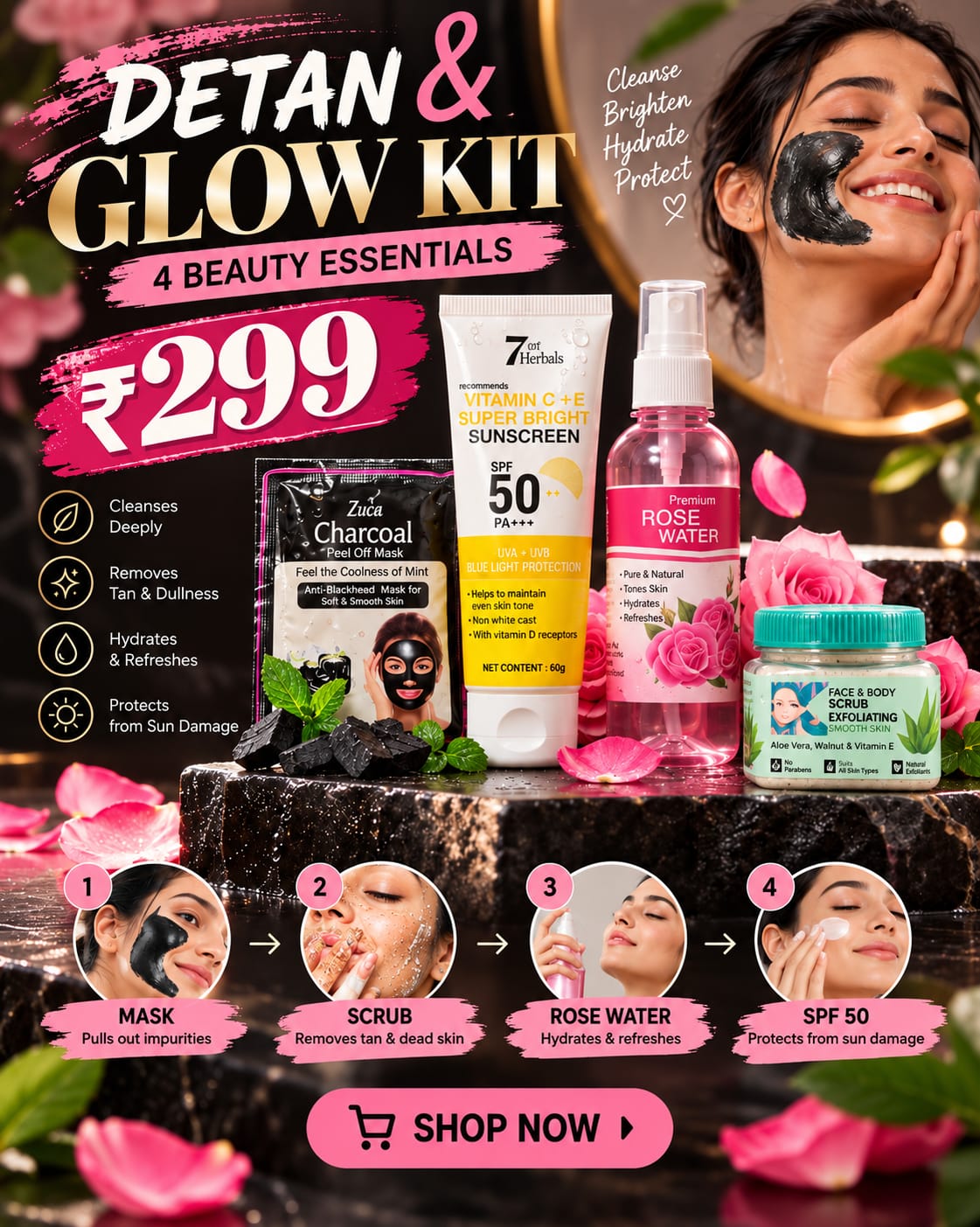 Detan & Glow Kit: 4 Beauty Essentials (Charcoal Mask + Scrub + Rose Water + Sunscreen)