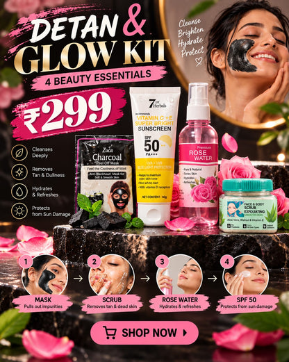 Detan & Glow Kit: 4 Beauty Essentials (Charcoal Mask + Scrub + Rose Water + Sunscreen)