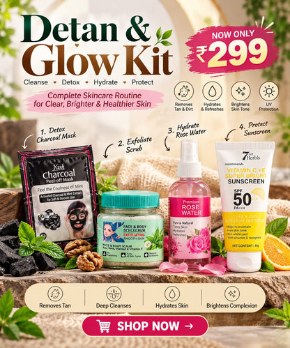 Detan & Glow Kit: 4 Beauty Essentials (Charcoal Mask + Scrub + Rose Water + Sunscreen)