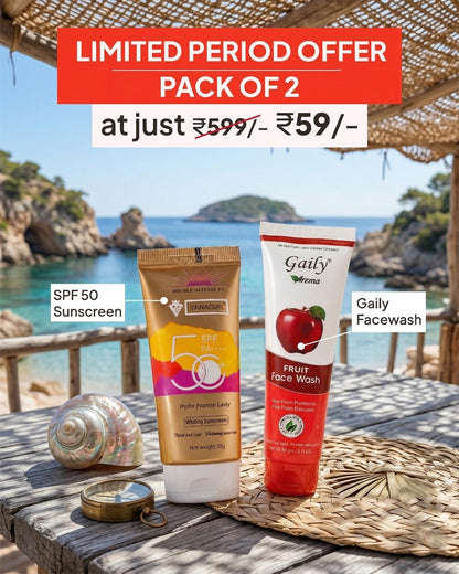 Pack of 2: SPF 50 Sunscreen + Gaily Fruit Face Wash | Daily Skincare Combo @59