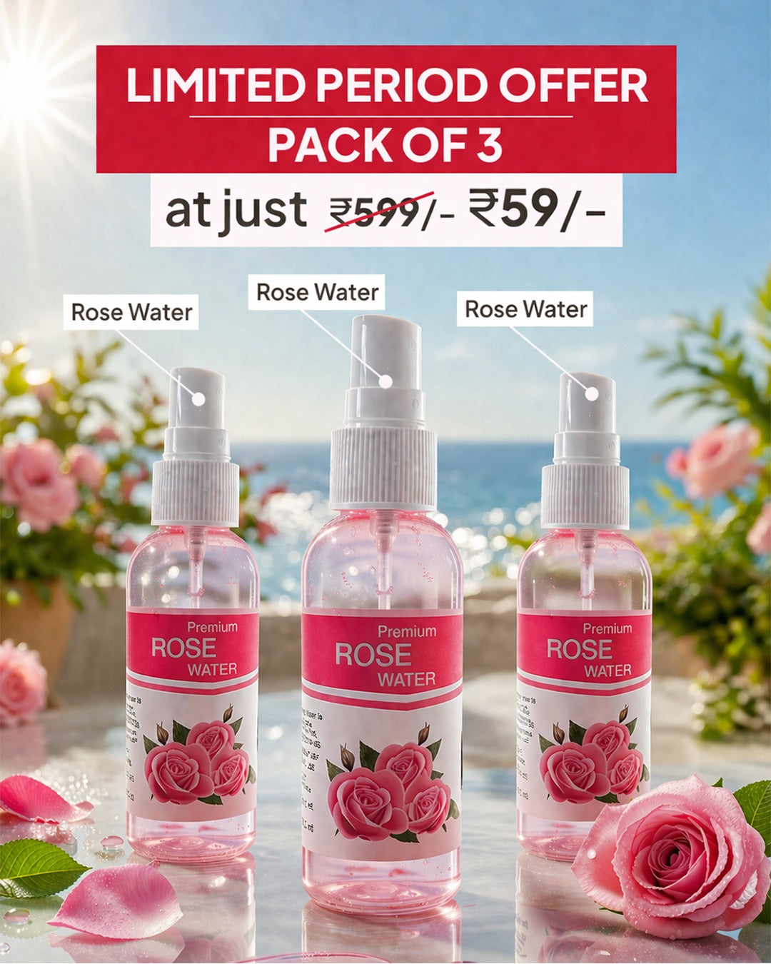 Premium Rose Water Spray – Pack of 3 | Hydrating Face Mist for Glowing Skin @59
