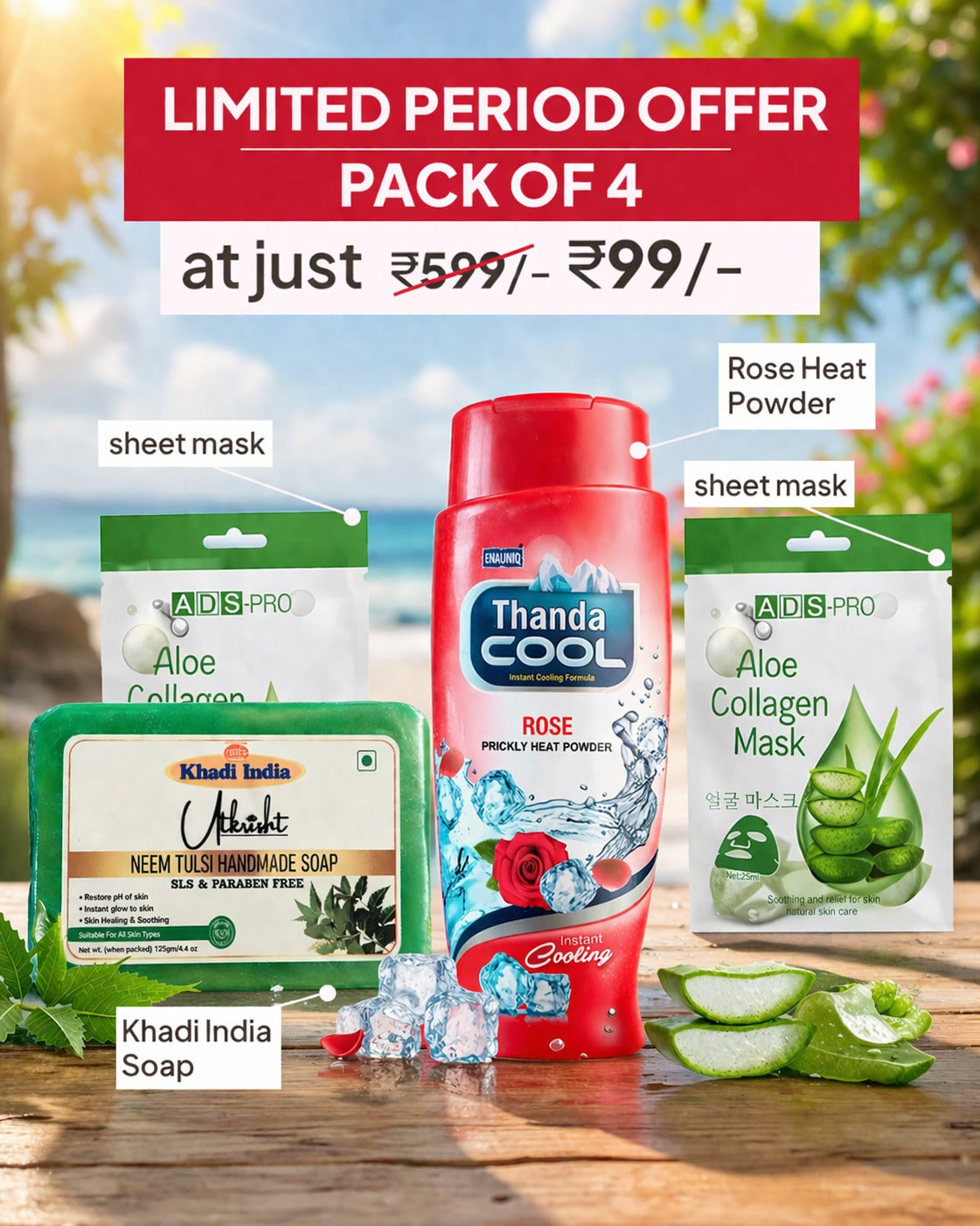 Complete Skincare Combo – Khadi Soap + Rose Powder + 2 Sheet Masks (Pack of 4) @99