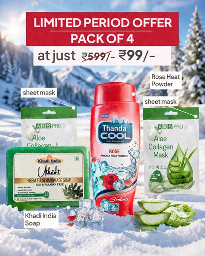 Complete Skincare Combo – Khadi Soap + Rose Powder + 2 Sheet Masks (Pack of 4) @99