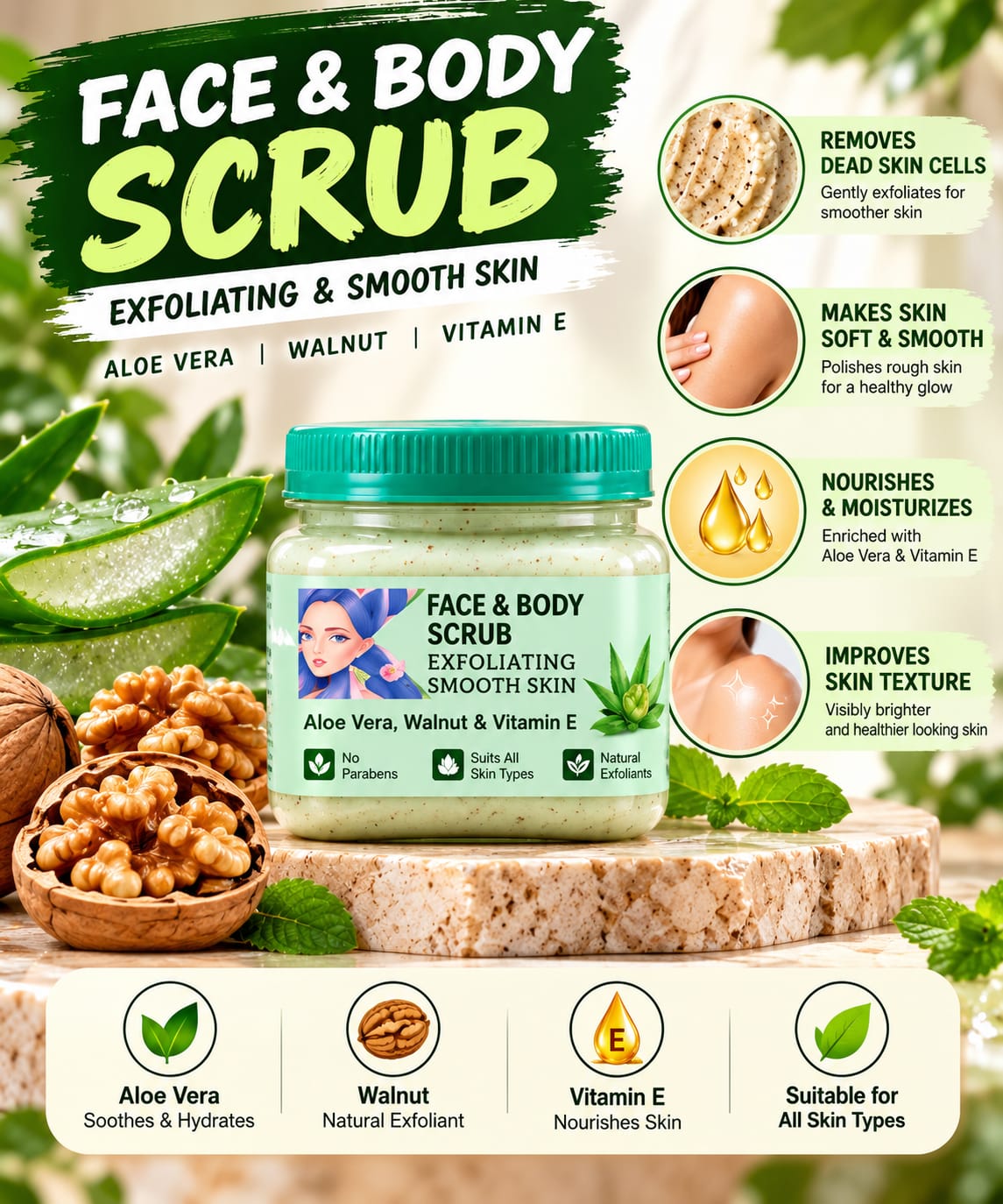 3-Step Glow Combo: Premium Rose Water + Aloe Mint Face & Body Scrub + Vitamin C & E Sunscreen