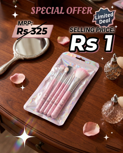 Cute Pink Bunny Makeup Brush Set –  Travel Kit with Holographic Pouch