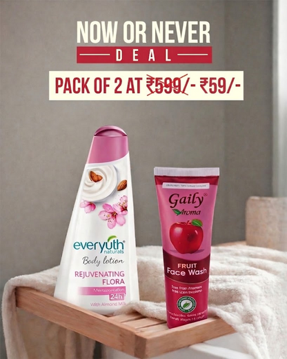 Now or Never Deal – Pack of 2 at Just ₹59 - Everyuth Rejuvenating Flora Body Lotion + Gaily Fruit Face Wash