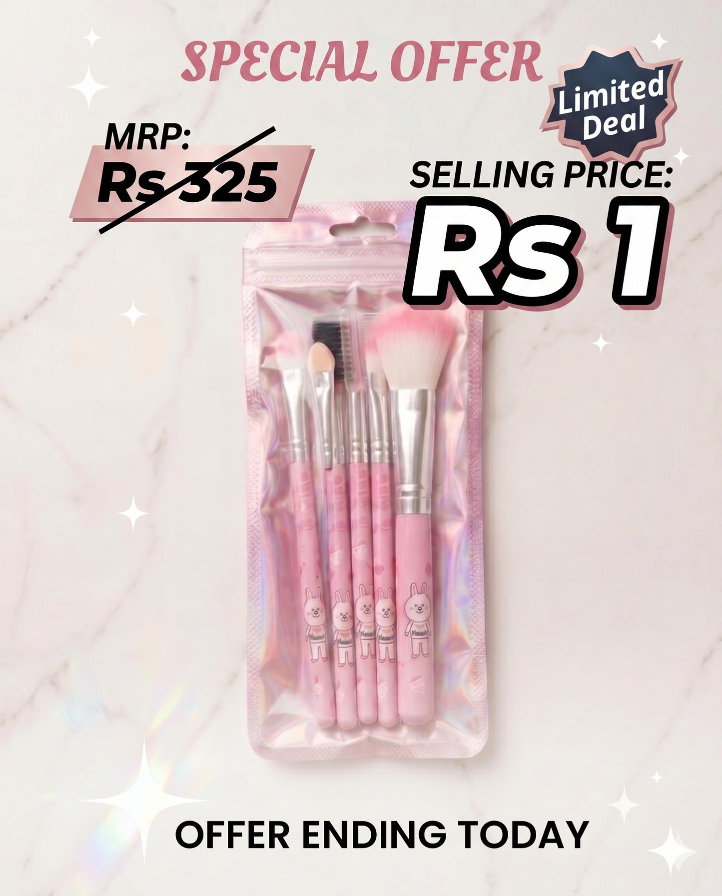 Cute Pink Bunny Makeup Brush Set –  Travel Kit with Holographic Pouch