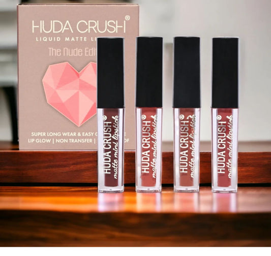 Huda Crush Professional Colour Sensational Liquid Lipstick Combo Pack Set of 4,super Matt Finish(Nude Edition)