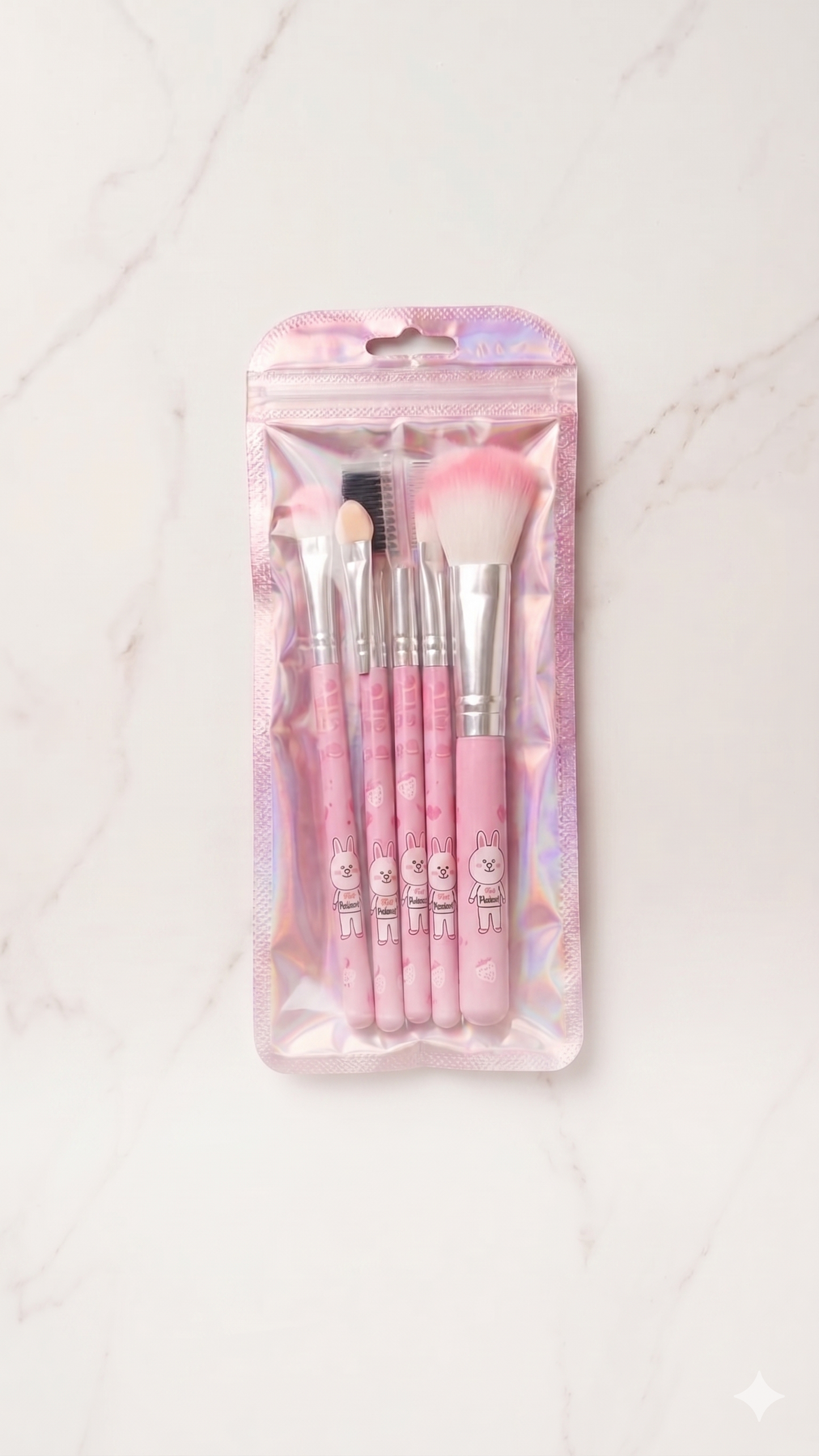 Cute Pink Bunny Makeup Brush Set –  Travel Kit with Holographic Pouch